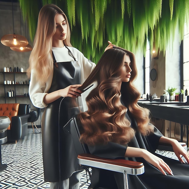 Foto um cabeleireiro a pentear o cabelo de uma mulher. belos cachos.