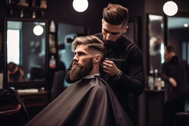 Foto um cabeleireiro com barba e casaco preto corta o cabelo de uma cliente