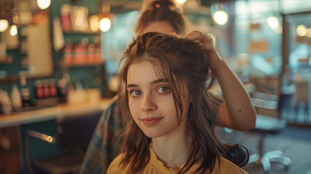 Um cabeleireiro pinta o cabelo de uma jovem generativa Ai