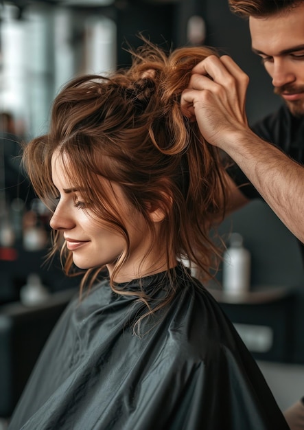 Foto um cabeleireiro profissional trabalha em um salão de beleza e faz penteados de perto
