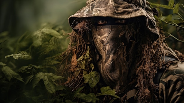 Um caçador com camuflagem de couro e folhagem