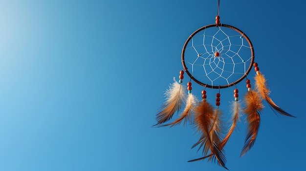 Um caçador de sonhos elegante com sotaques metálicos e penas vibrantes contra um céu azul