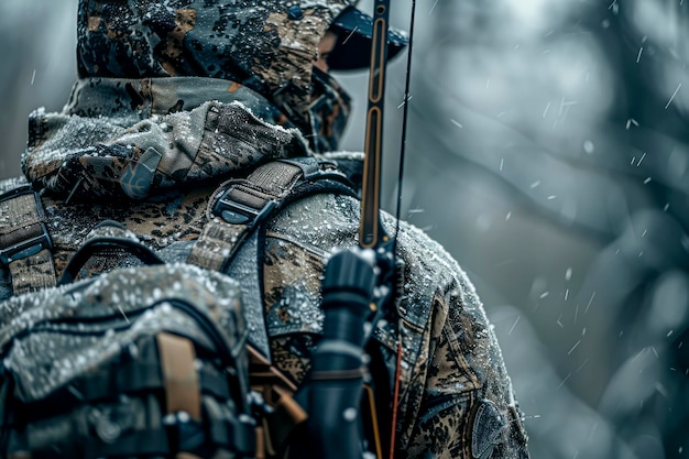 Foto um caçador furtivo em equipamento de camuflagem mira um arco moderno em uma cena dramática de close-up