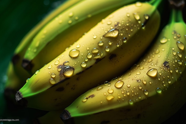 Um cacho de bananas com gotas de água sobre elas