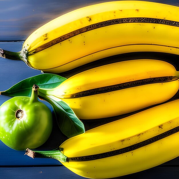 Um cacho de bananas com uma maçã verde ao lado