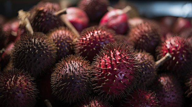 Um cacho de frutas com a palavra durian nele