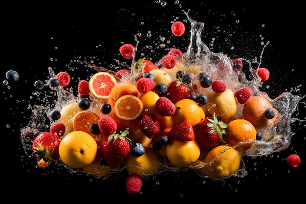 Um cacho de frutas está sendo jogado em um respingo de água.