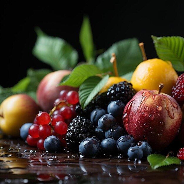 Foto um cacho de frutas, incluindo bagas, uma das quais tem a palavra fruta.