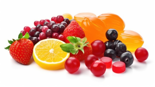 Um cacho de frutas, incluindo uma que tem morangos e outras frutas.