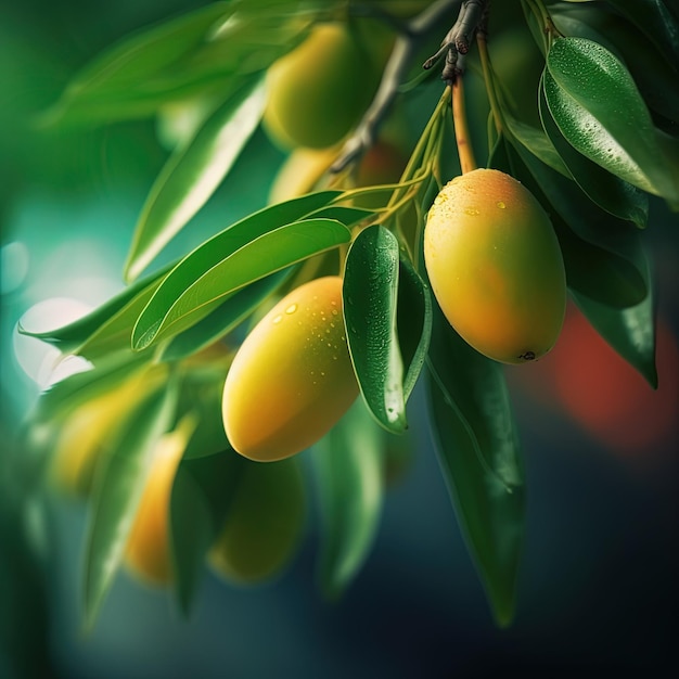 Um cacho de frutas verdes está pendurado em uma árvore.