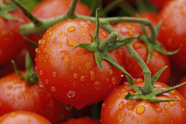 Um cacho de tomates maduros ilustrando o frescor e a suculência da colheita