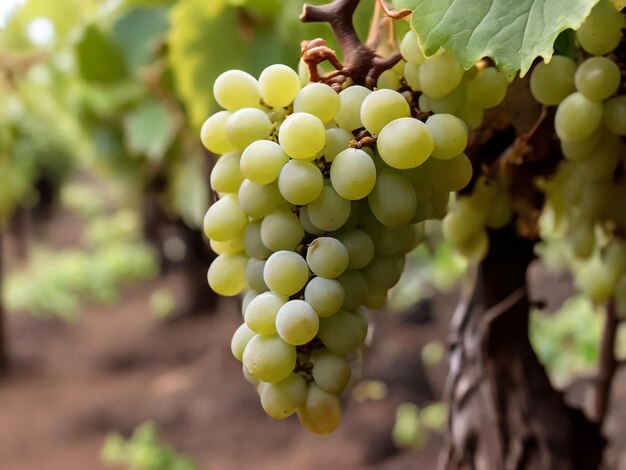 Foto um cacho de uvas brancas entre as folhas de uva em uma vinha de gmar tenerife ilhas canárias