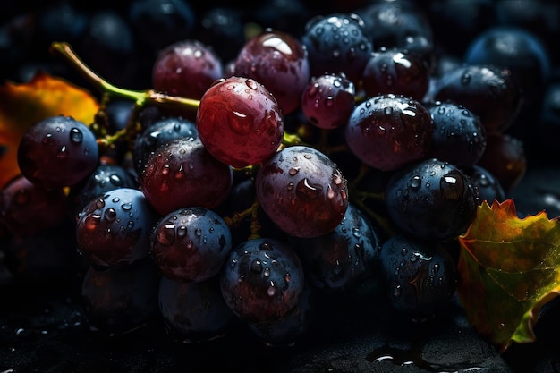 Um cacho de uvas com a chuva sobre elas