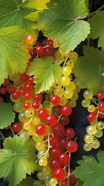 Foto um cacho de uvas com bagas vermelhas e amarelas