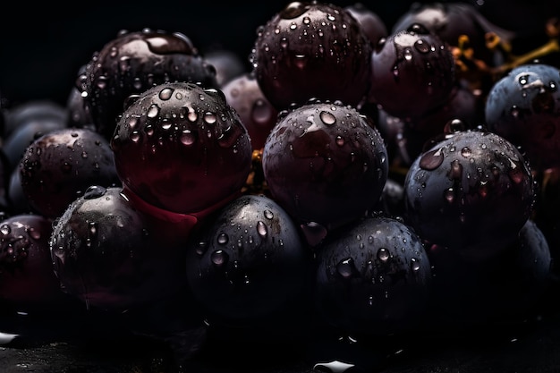 Um cacho de uvas com gotas de água sobre eles