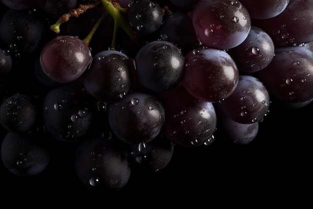 Um cacho de uvas com gotas de chuva sobre elas