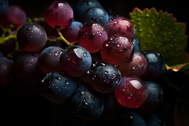 Um cacho de uvas com pingos de chuva