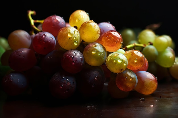 Um cacho de uvas com pingos de chuva