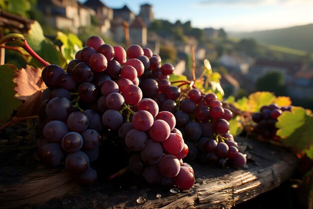 Um cacho de uvas com uma cidade ao fundo