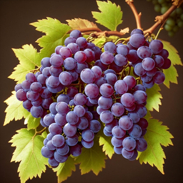 Um cacho de uvas com uma folha verde