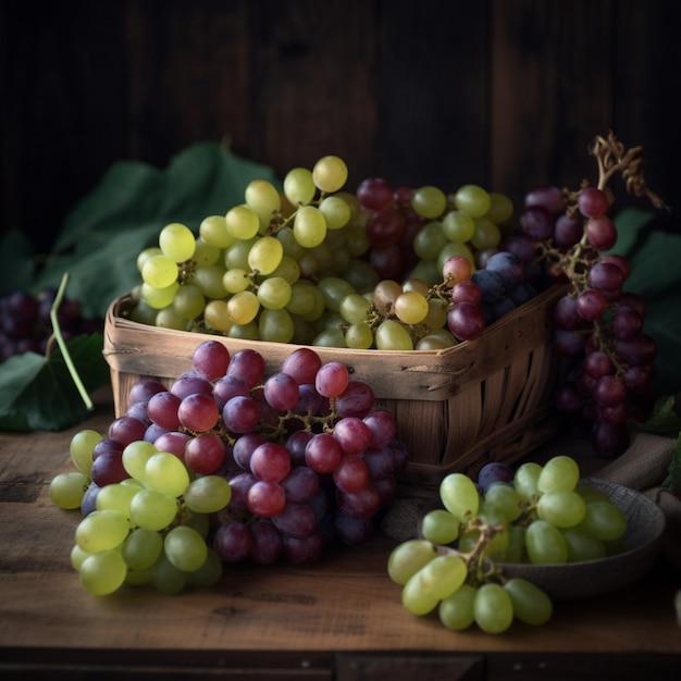 Um cacho de uvas em uma mesa com um quadro-negro atrás dele