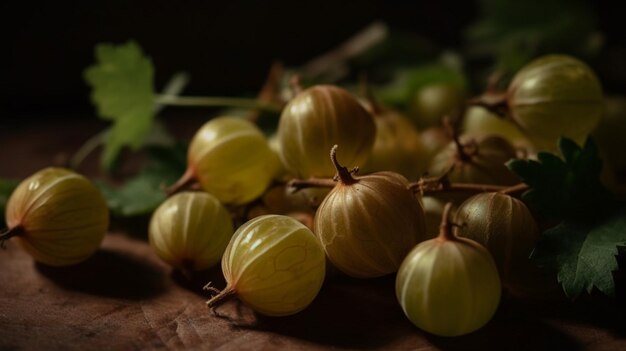 Um cacho de uvas em uma mesa de madeira