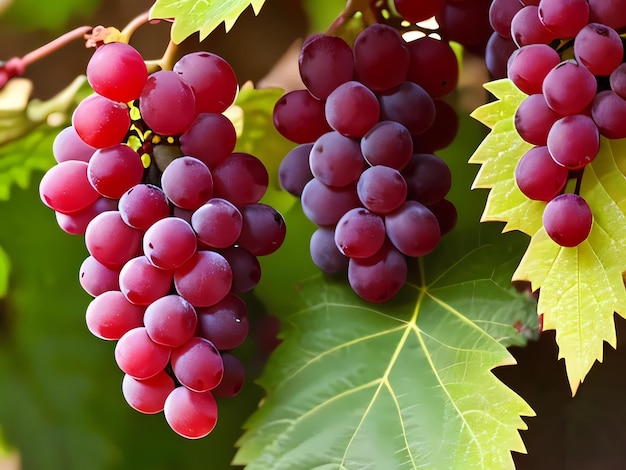 Um cacho de uvas está pendurado em uma árvore.