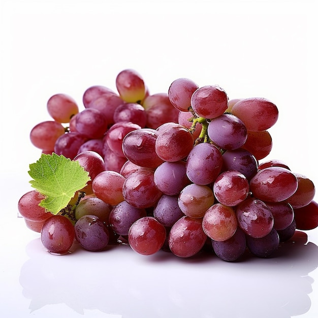 um cacho de uvas está sobre uma superfície branca com uma folha verde.