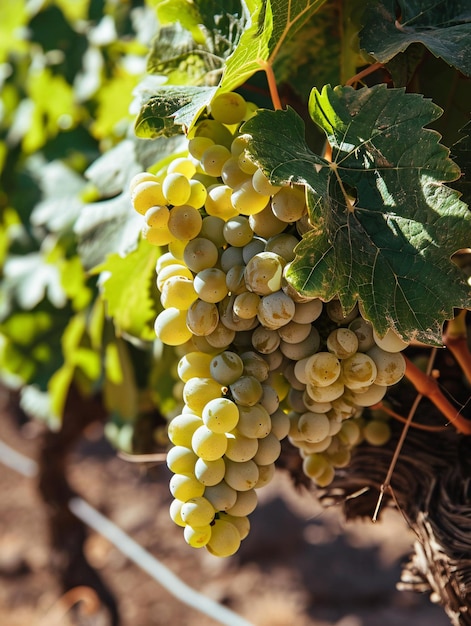 Um cacho de uvas pálidas aninhadas entre a folhagem da uva única das Ilhas Canárias