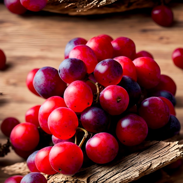 Um cacho de uvas vermelhas e roxas está sobre uma mesa de madeira.