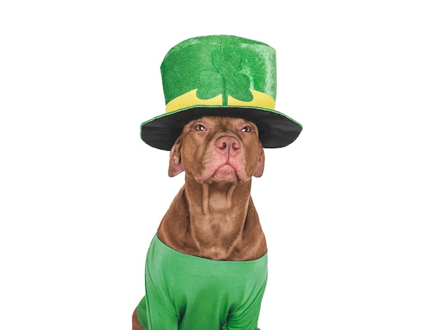 Um cachorrinho adorável e um chapéu verde brilhante.