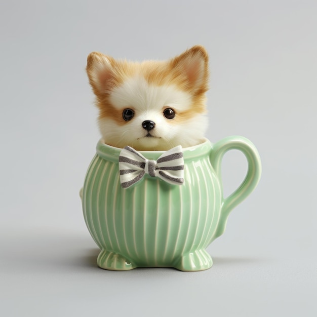 Um cachorrinho adorável numa chávena de chá verde, estilo artístico único.