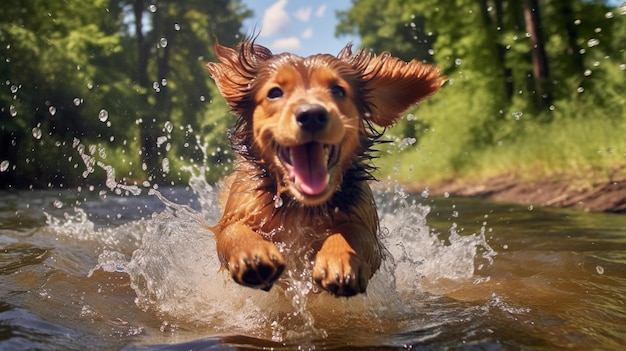 Um cachorrinho alegre pego no meio do respingo em um rio raso, sua felicidade contagiante irradiando como água