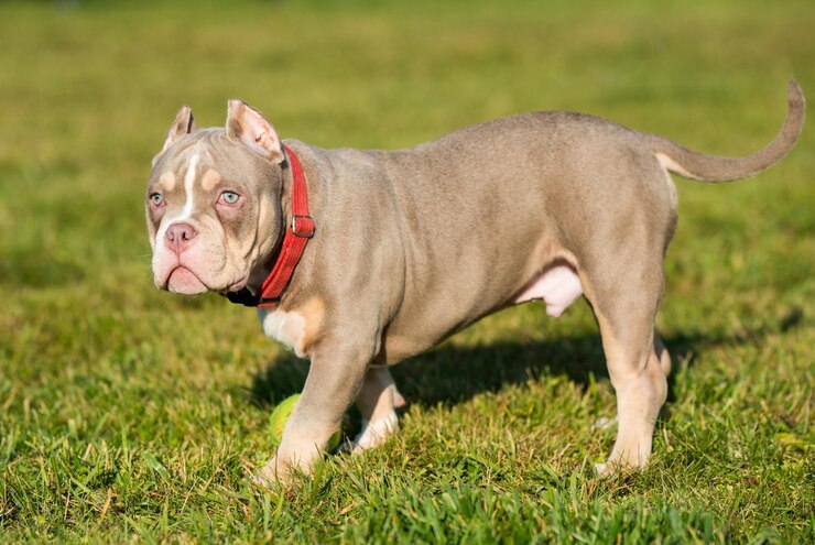 Foto um cachorrinho americano macho de cor lilás de bolso está andando