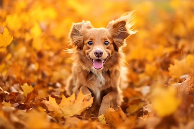 Foto um cachorrinho bonito a correr num campo de folhas de outono