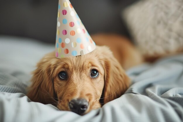 Um cachorrinho bonito a espreitar por debaixo de um chapéu de festa a trazer alegria às festas de aniversário.