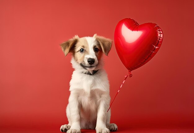 um cachorrinho bonito com um balão de coração vermelho segurando-o em um fundo