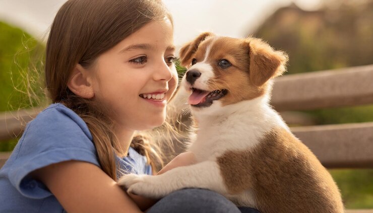 Foto um cachorrinho bonito e uma menina linda e feliz