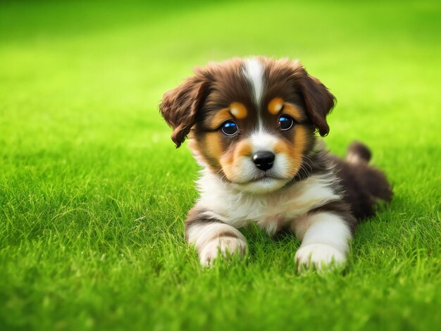 Um cachorrinho bonito olhando para a câmera sentado na grama verde ai gerado