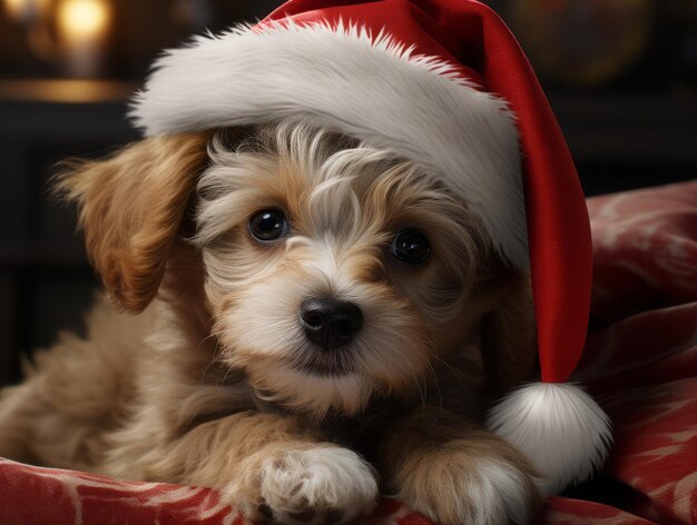 Um cachorrinho bonito usando um chapéu de Papai Noel gerado pela IA.