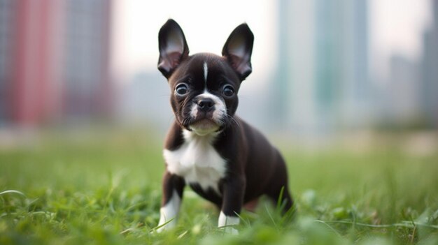 Um cachorrinho boston terrier com as orelhas para cima e as orelhas para cima