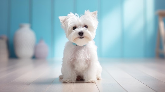 Um cachorrinho branco bonito. Uma ideia amorosa.