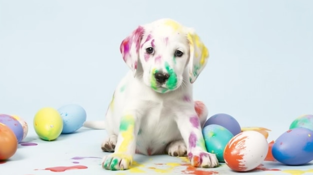 Um cachorrinho branco com uma pintura no rosto senta-se entre os ovos de páscoa.