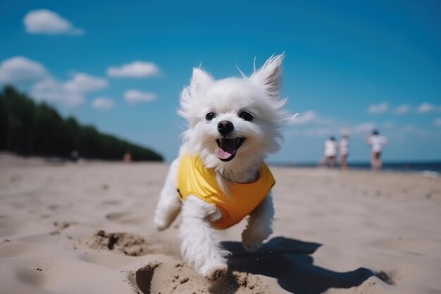 um cachorrinho branco e fofinho a correr na praia