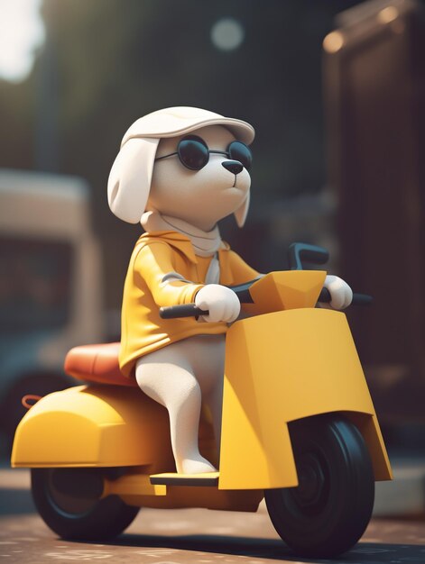 um cachorrinho branco fofo andando em uma motocicleta amarela