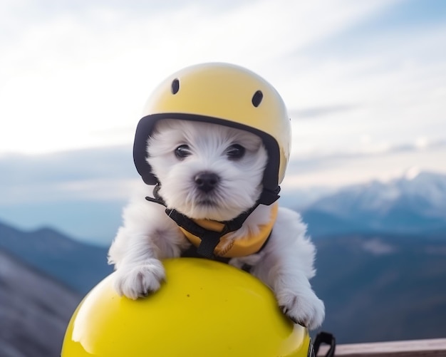 um cachorrinho branco fofo esquiando na montanha