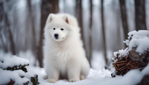 Foto um cachorrinho branco sentado na neve