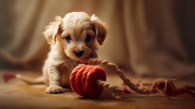 Um cachorrinho brincalhão puxando um brinquedo para mastigar gerado por IA