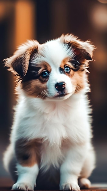 Um cachorrinho com nariz azul está sentado em uma mesa.