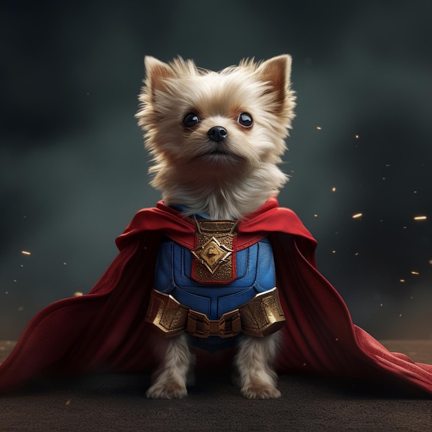 Um cachorrinho com uma capa e uma capa que diz super-herói nela.